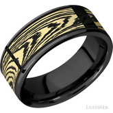 8 mm wide/Flat/Zirconium band with one 6 mm Centered inlay of 14K Yellow Gold with a laser carved Woodgrain pattern